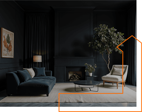 A dark, elegant living room representing a VKY Realty investment property